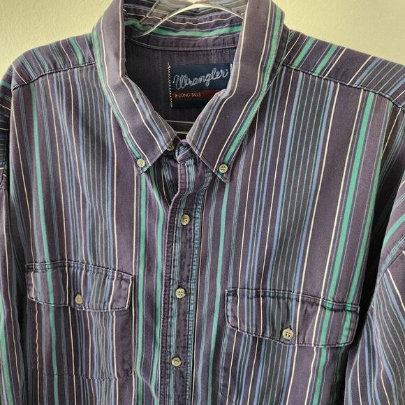 Wrangler Long Sleeve Button Front Shirt Mens 2XL Heavyweight Blue Green Striped - Picture 2 of 5